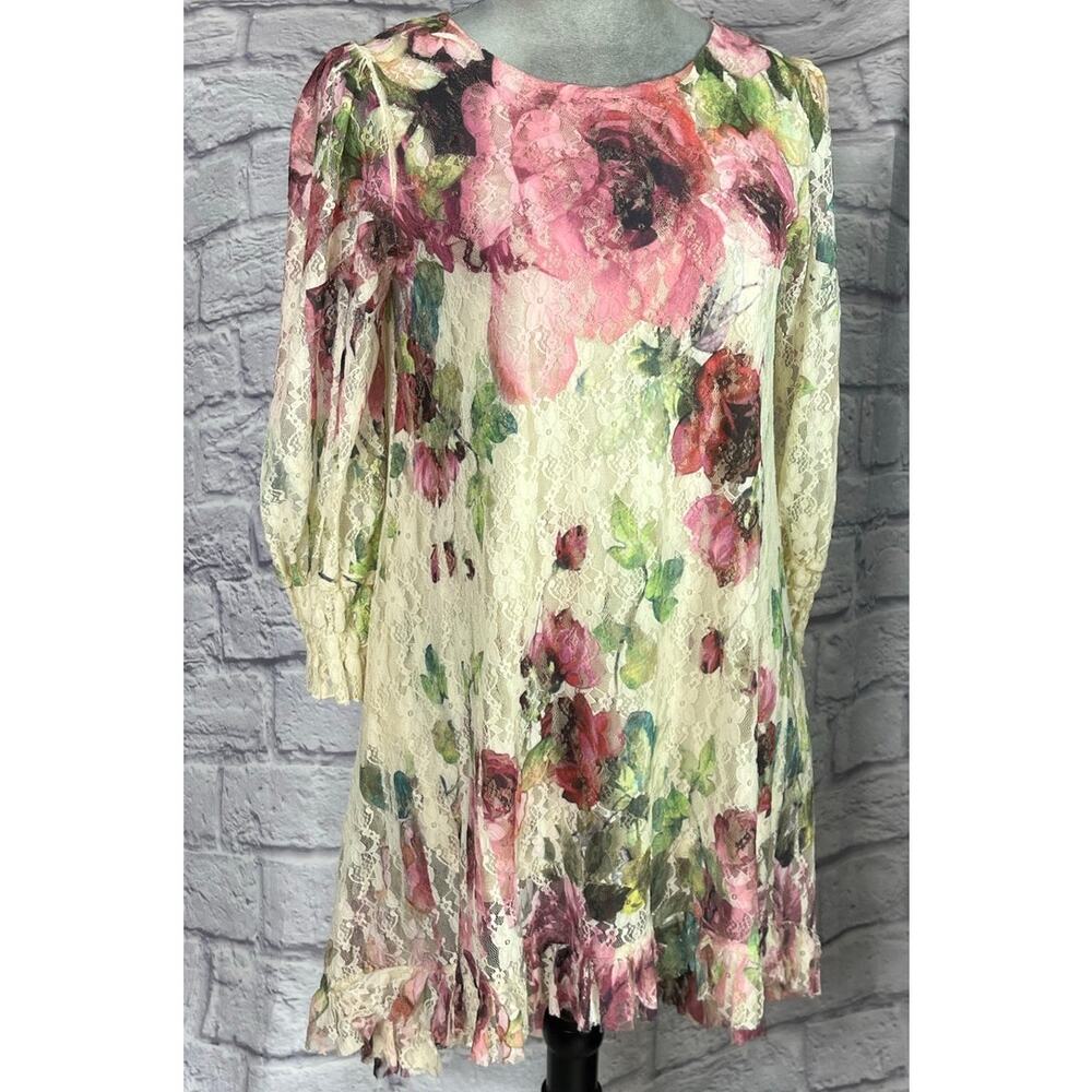 Gorgeous Fairycore Rose Floral Lace Hi-Low Long Blouse/Mini Dress w/ Ruffle Hem